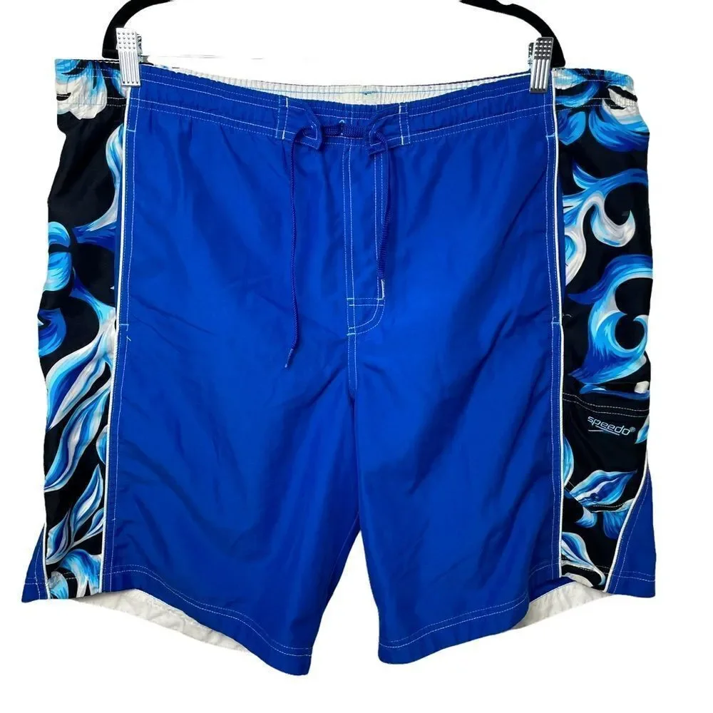 Speedo Solid Royal Blue and White Hawaiian Floral Swim Trucks drawstring size L
